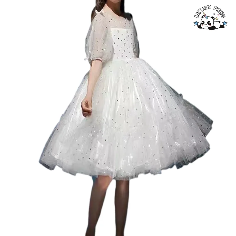 LEZONKIDS - Fábrica Profissional de Vestido de Tule de Verão para Meninas com Impressão de Folha de Prata em Múltiplas Camadas